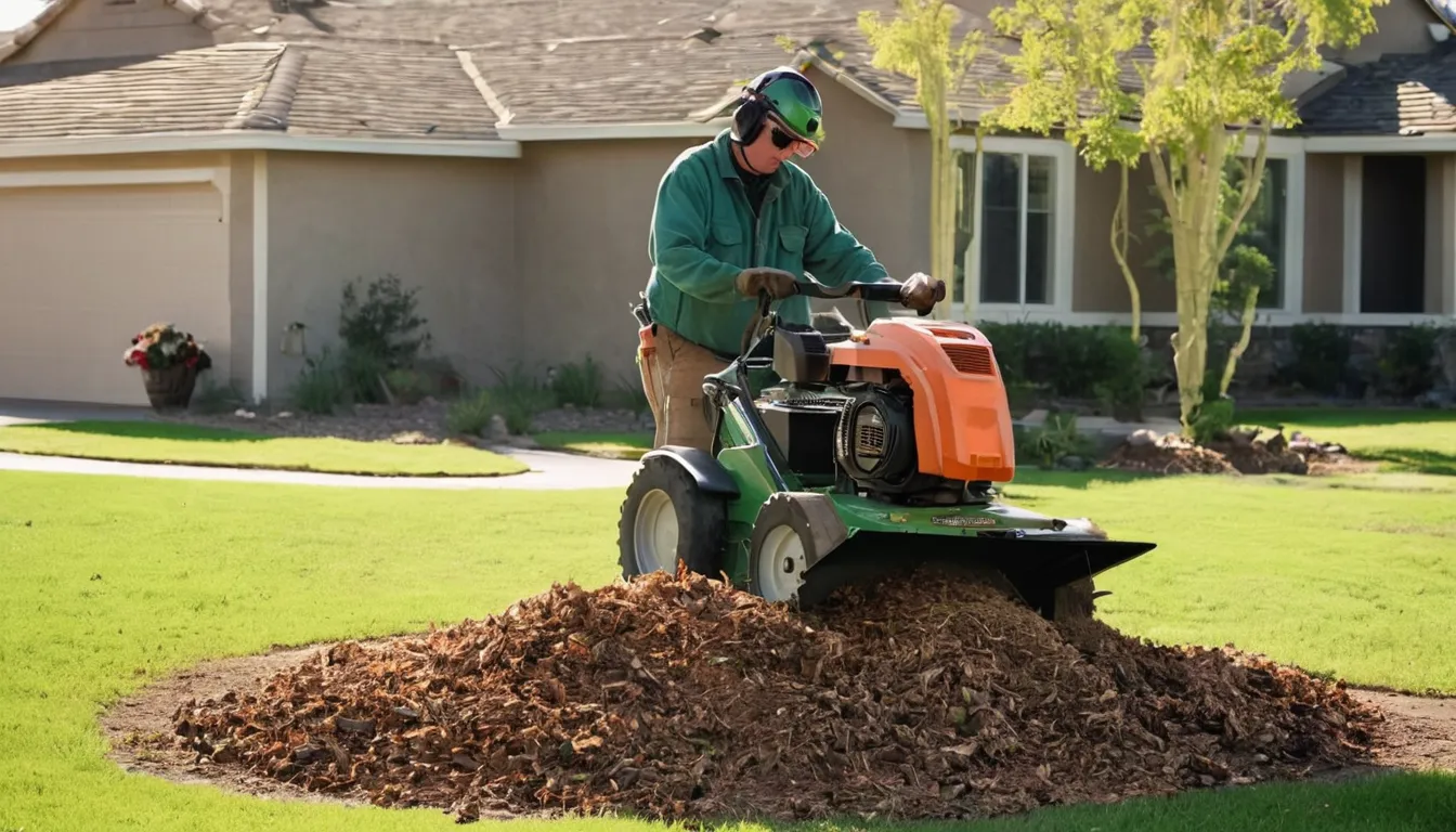 Provider grinding a tree stump in a home yard in San Rafael